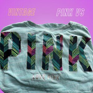 Vintage PINK Victoria's Secret Back Foil Logo Heathered Teal Pullover, L